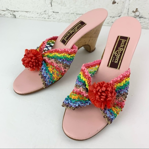 Jack Rogers Vintage Heels Raffia Rainbow Cork Wedge 70s 6.5 - Picture 2 of 12